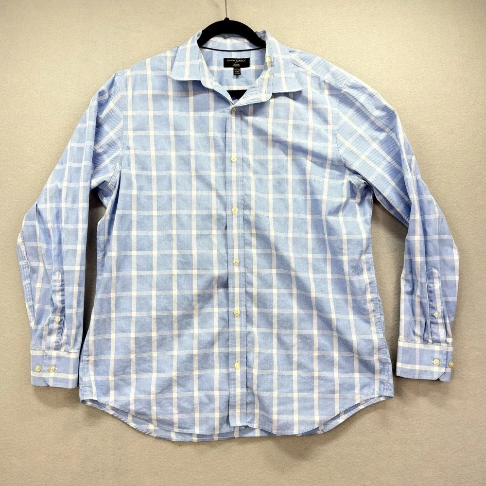 Banana Republic Dress Shirt Mens 17/17.5 Blue‎ White Plaid Non-Iron Classic Fit
